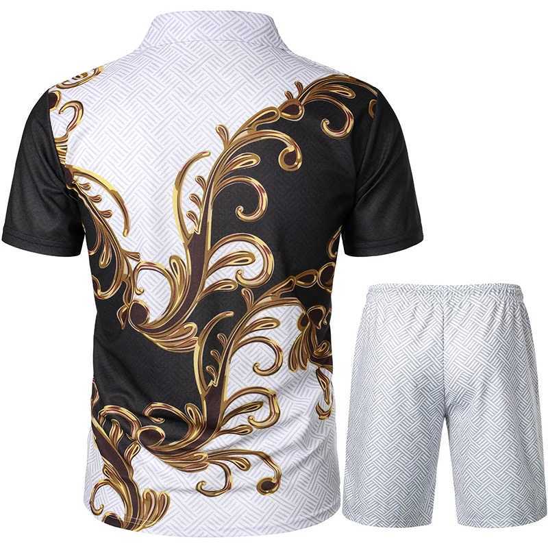 Mens summer fashion casual 3D printed polo shirt collar casual setXJ250326