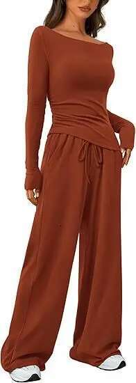 Dongdumaoyi Dames Lente Tweedelige Casual Outfit Asymmetrische T Shirt Met Lange Mouwen Wijde Pijpen Broek Jurken WD