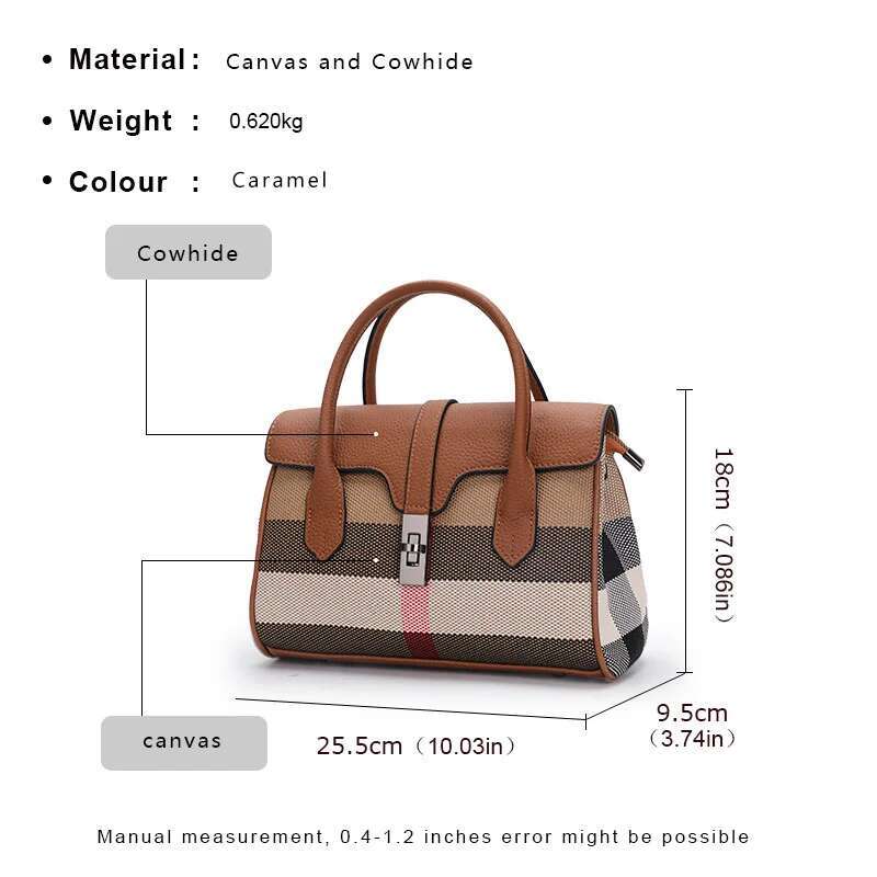 Checkered Pattern Women's Handbag New Fashionable Canvas With Cowhide Single Shoulder Crossbody Bag