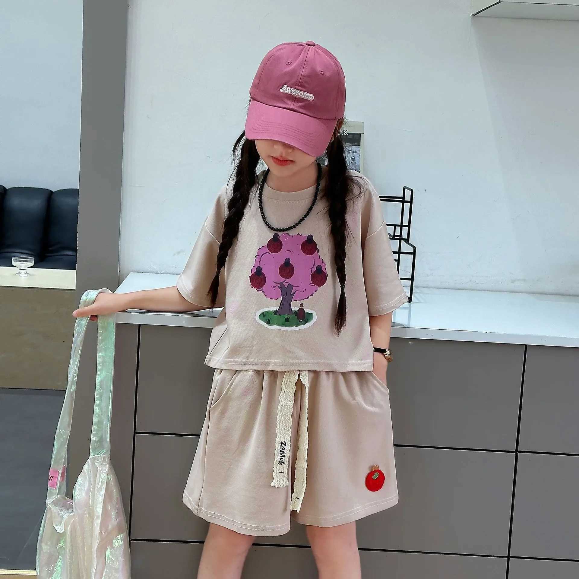 Summer girls clothing set countryside style short sleeved T-shirt and shorts 2-piece set teenage fashion topT250327