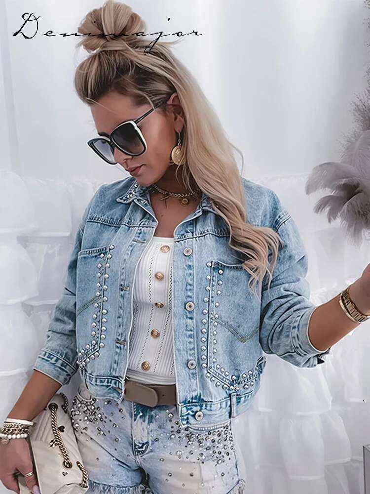 High Street Rivet Denim Women Jacket Turn-Down Collar Single Breasted Female Coats Spring Summer New Chic Y2k Lady Jackets