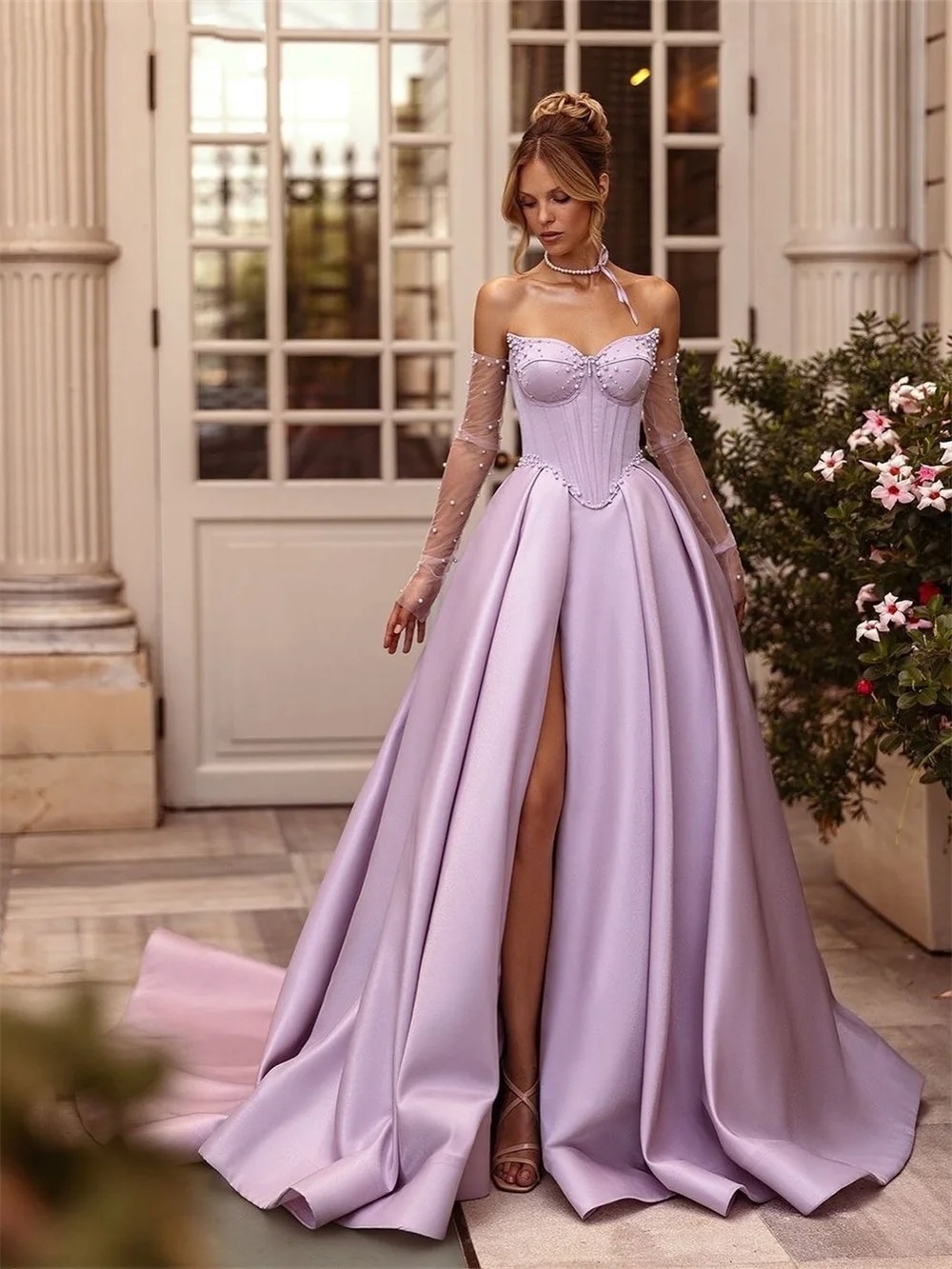 Elegant Evening Dresses Sweetheart Neck Sleeveless Bow Gown Beaded Split Side Sweep Train Party Customized Dress