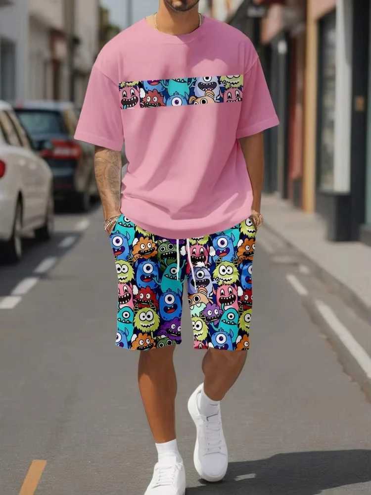 Cute cartoon print summer casual mens clothing city fashion street short sleeved top and shorts casual lightweight breathable COMFXJ250326