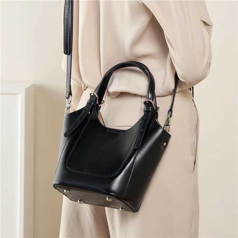 Chic Genuine Leather Bucket Tote Handbags For Women 2025 Designer Basket Small Ladies Shoulder Crossbody Bags