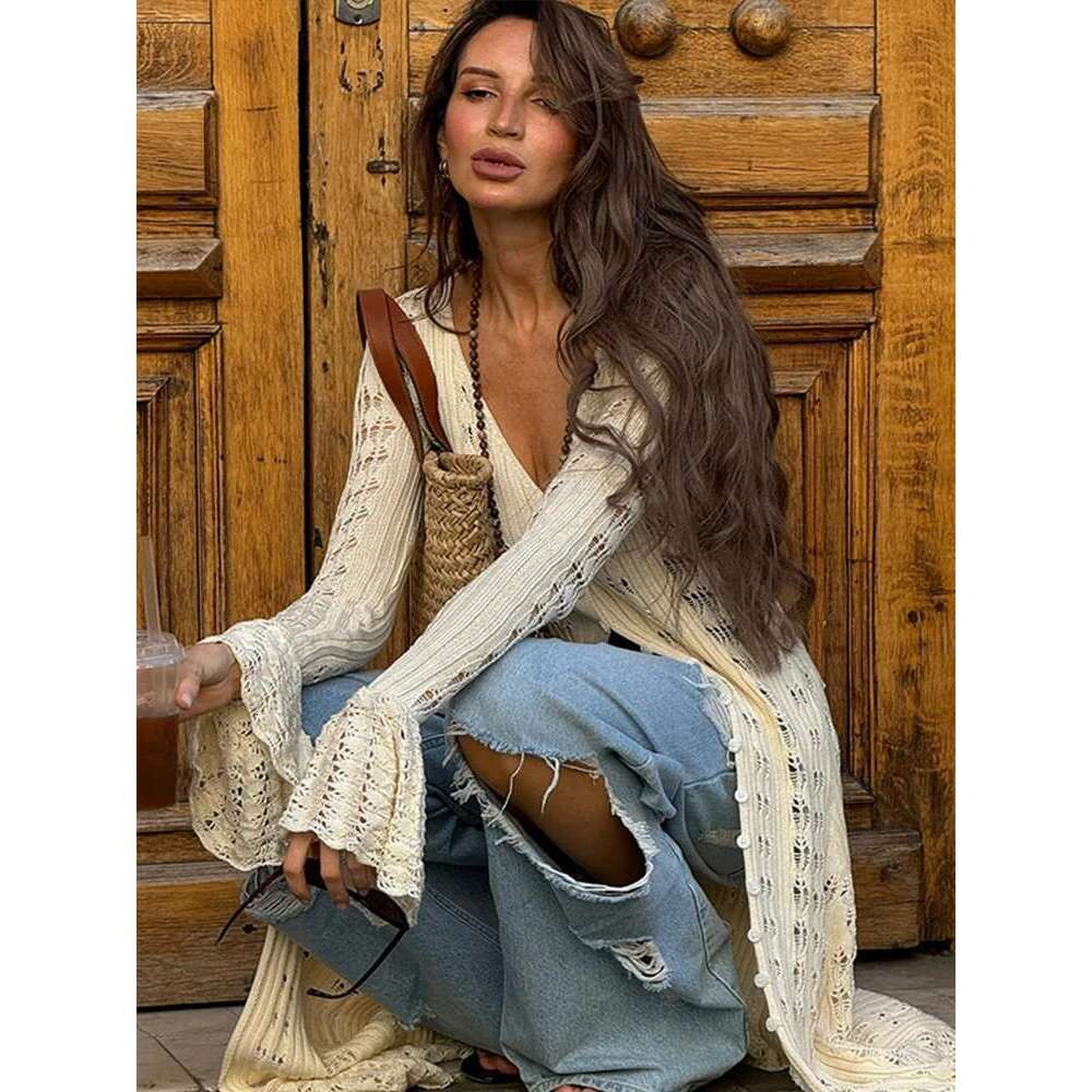 Women's Coat Knitted Hollow Out Cardigan Women's V-Neck Long Petal Sleeve Sweater Single Breasted Maxi Coats Autumn Elegant Outwear