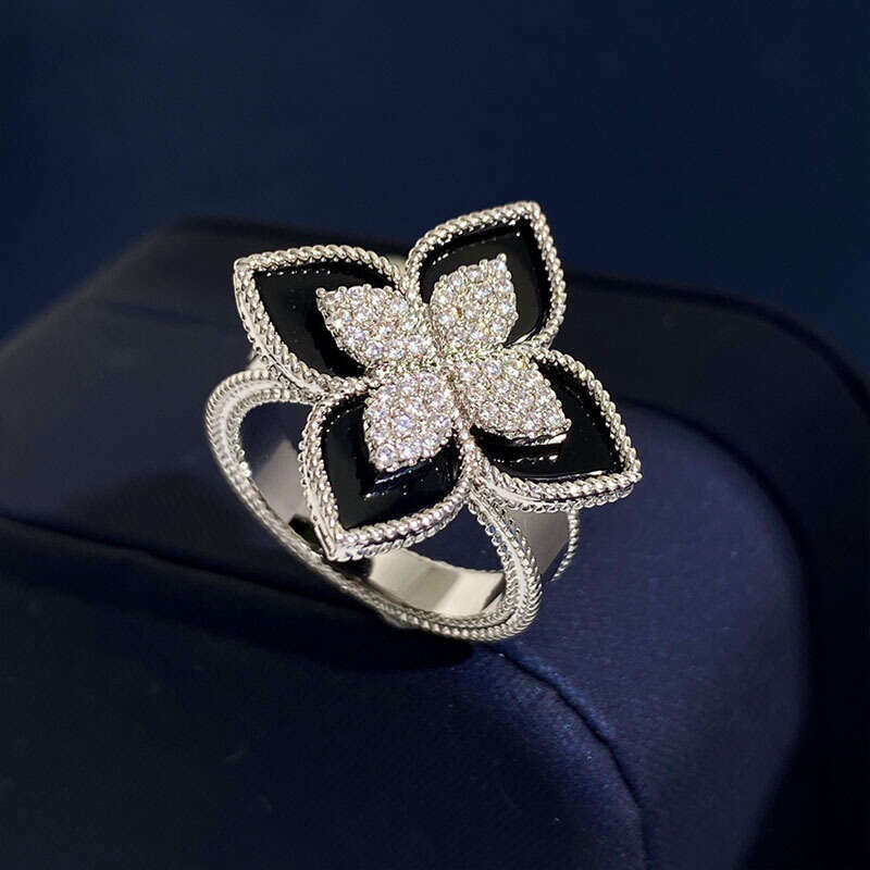 Live streaming new RC shaped petal ring, palace style diamond inlaid four leaf flower blue turquoise ring
