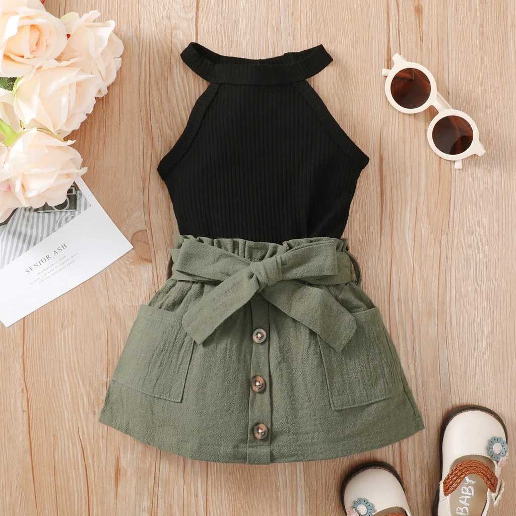 2PCS baby girl clothing set with ribbed hanging collar top and short skirt fashionable Korean style summer clothing for girls aged 3-24 monthsT250327