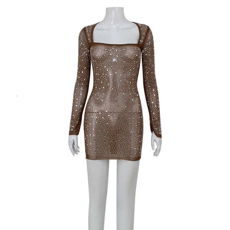 Dongdumaoyi Nieuwe Temperament Vierkante Kraag Lange Mouw Strass Betaalbare Luxe En Sexy Jurk Korte Rok Voor Vrouwen A