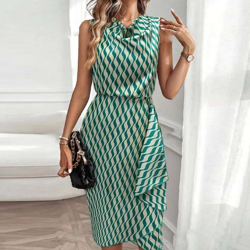 Dongdumaoyi Elegante Midi Effen Kleur Revers Volledig Bedrukte Voorkant Gedrapeerde Geplooide Asymmetrische Zoomjurk WD
