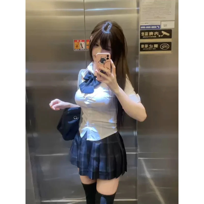S8xl plus size American Jk school uniform original butterfly pleated bodysuit college style slim fit shirt high waisted 250326