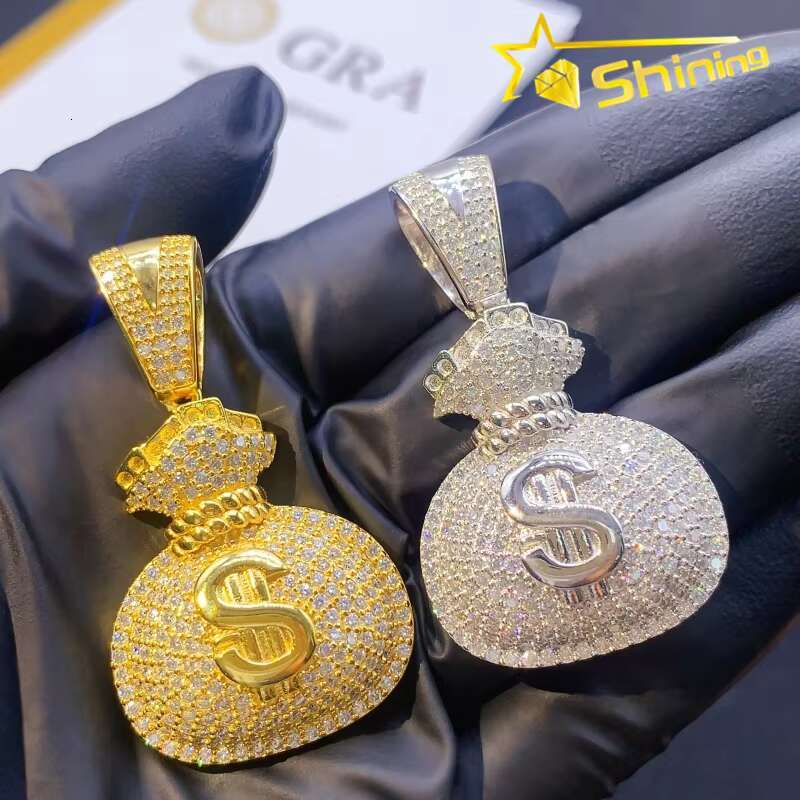 Hip Hop 925 Sterling Silver US Dollar Money Bag Moissanite Pendant Iced Out Fashion Men Charms Pendant for Necklace