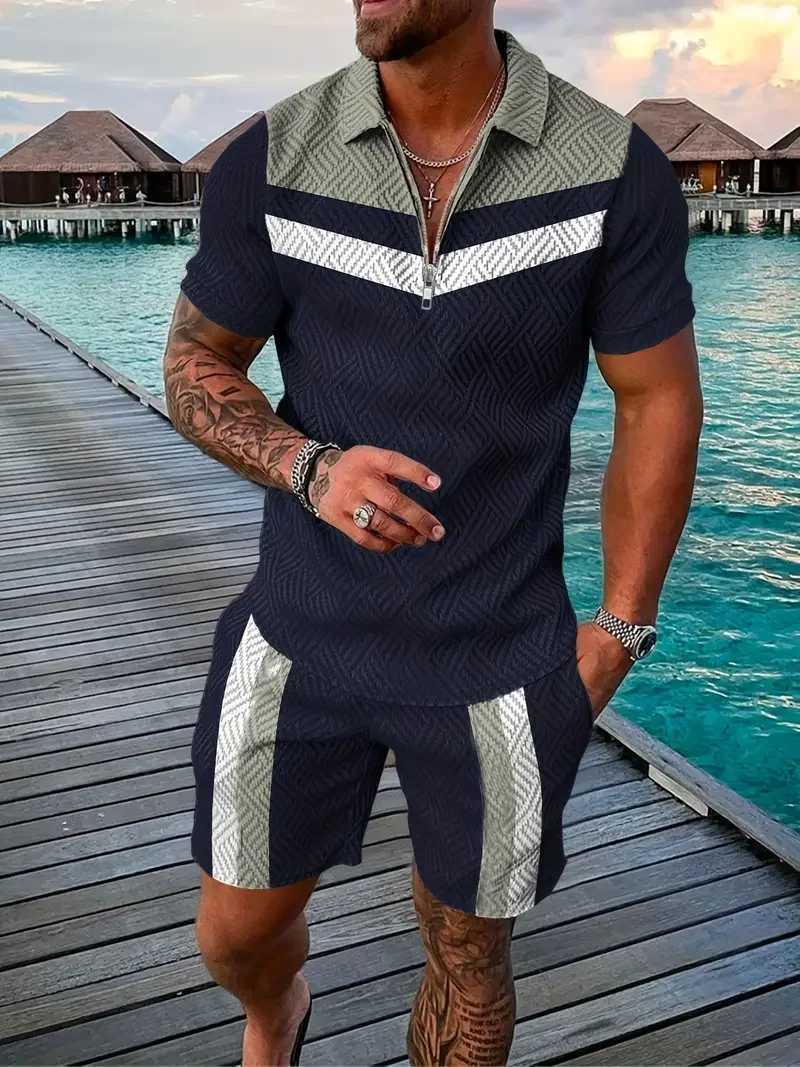Zipper polo shirt set summer fashion casual mens sports set 3D printed simple style flip collar zipper polo shirt 2 setsXJ250326