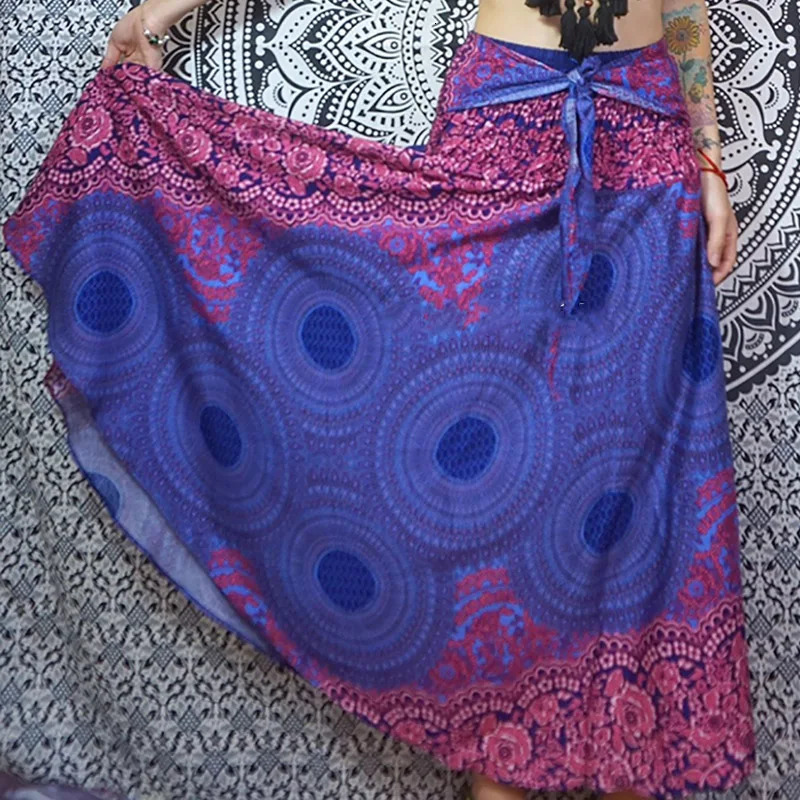 Boho Skirts Rayon Beach Skirt Summer Bohemian Jupe Long Womens Elastic Waist Printed Flower Belt Halter Hippie 250326