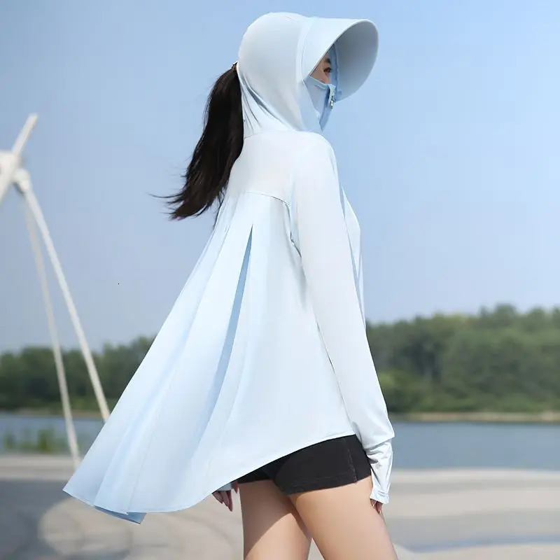 Casual clothing solid jacket UV resistant hooded zipper front and rear long pockets sun shirt sleeves summer womens 250326