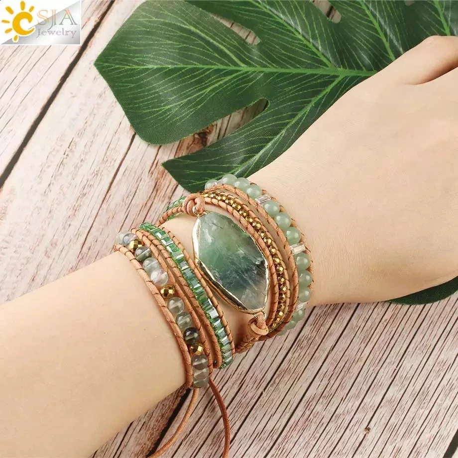 CSJA Boho Natural Stone Braided Bracelet for Women Green Aventurine Beads Handmade Wrap Bracelets Balance Bangle Jewelry G118 250318