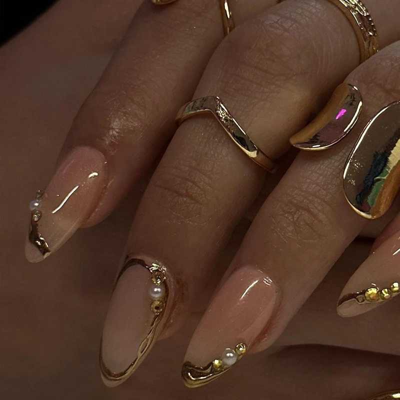 24 pieces of French gold edged wearable almond pressed on fake nails simple pearl decoration fake nail glue complete set of hand toolsXJ250327