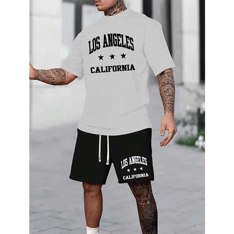 Mens casual sports set printed letter summer fashion breathable and refreshing set oversized mens loose round neck T-shirtXJ250326
