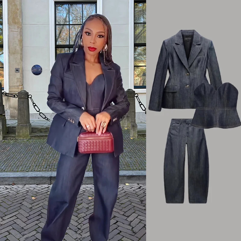 TRAFZA womens denim jacket pants set long sleeved waist series setcommuting wide leg jeans street trend 250326