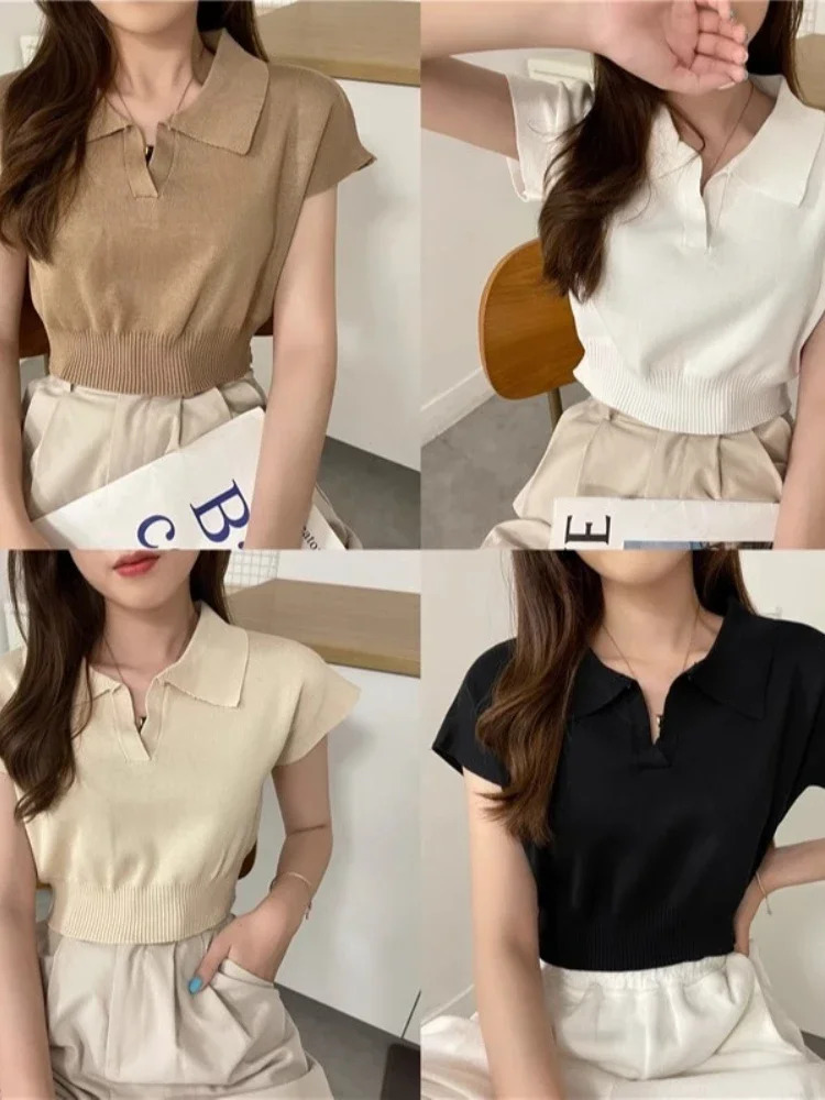 ZJAISS collar sweater paradigm short sleeved knitted top suitable for spring and summer womens cutting tops 250326