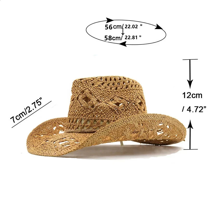 Straw Western Cowboy Hat for Women Men Classic Vintage Hollow Out Unisex Curled Wide Brim Sun Hat Fishing Hat Climbing Cap 250326