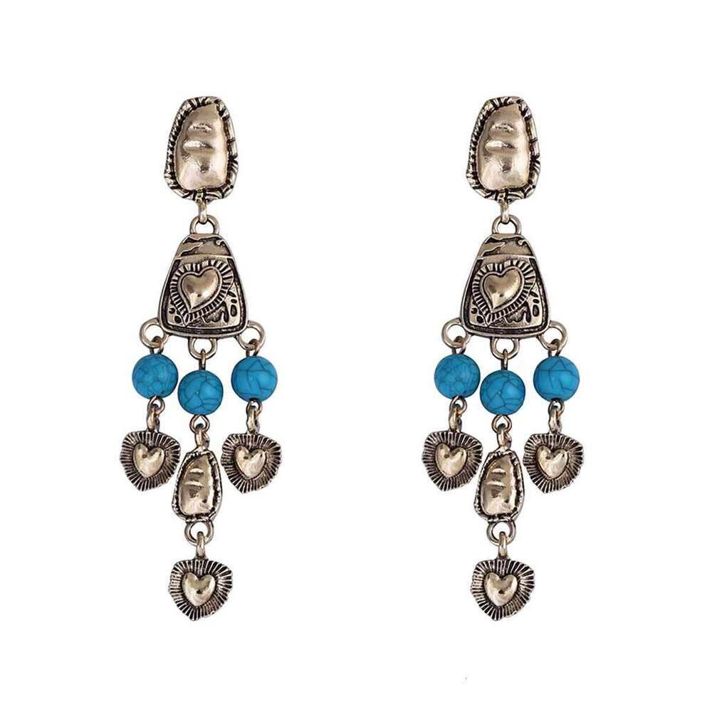 Vintage Western Style Antique 3D Relief Heart Fringe Earrings