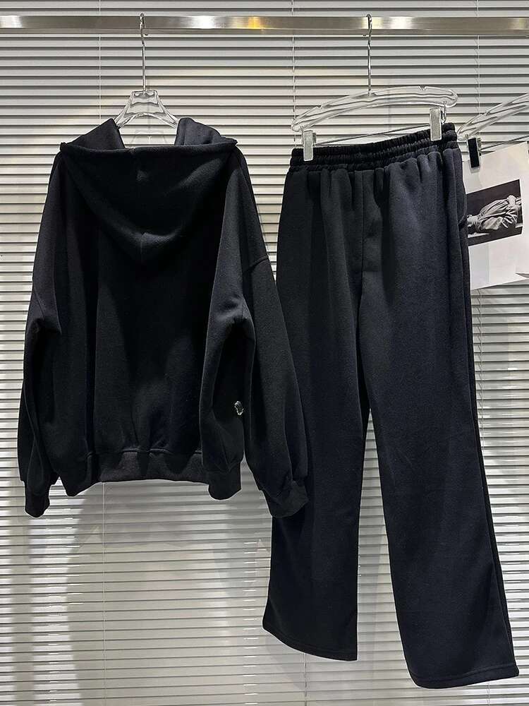 Fashion Knitted Two Piece Set For Women 2023 Autumn New Zipper Dias Beading Hooded Top Wide Leg Pants Female