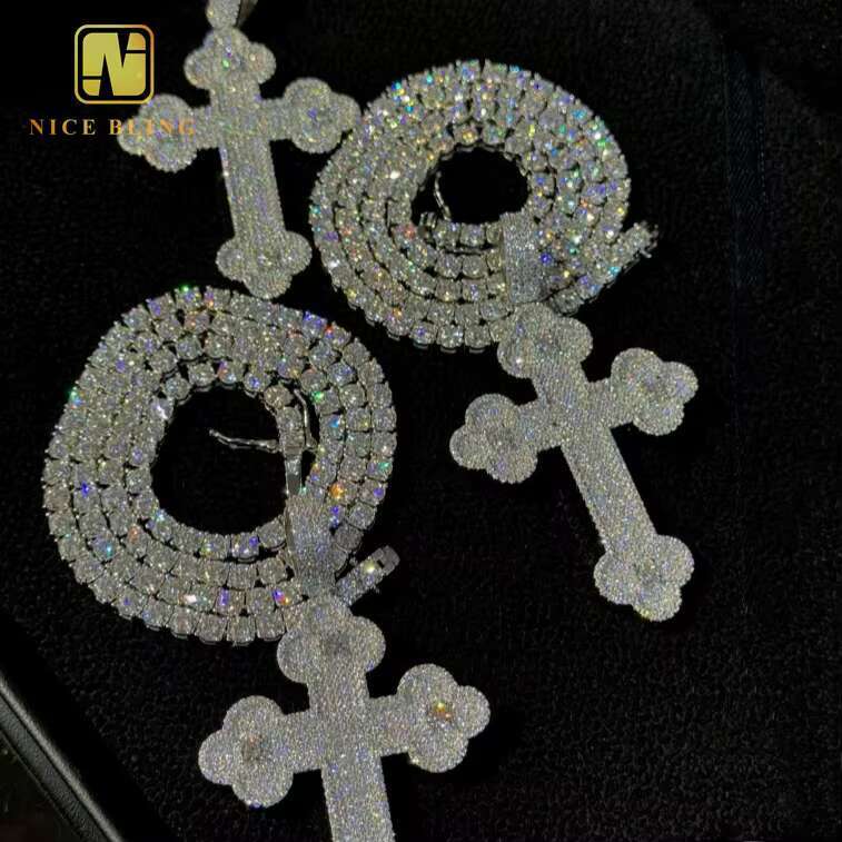 In Stock Iced Out Cross Custom Hip Hop Moissanite Jewelry Pendant VVS Moissanite Diamond 925 Sterling Silver Necklace Pendant