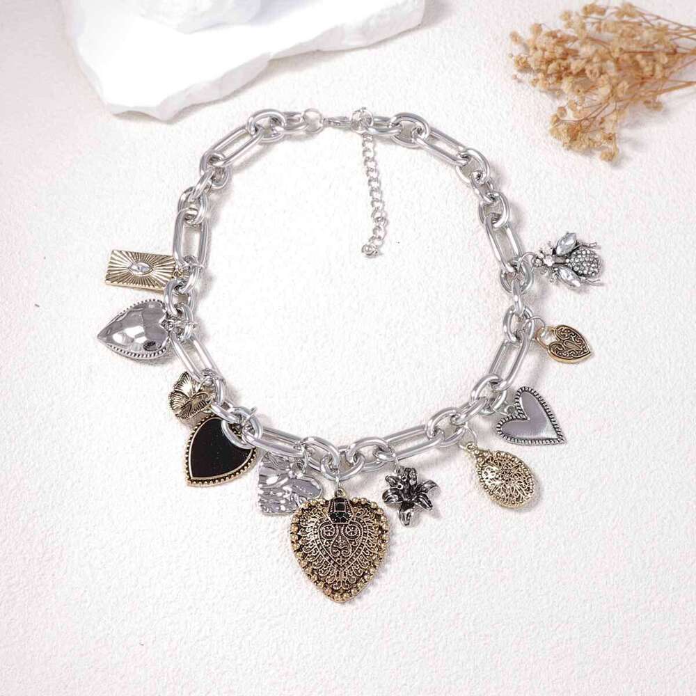 Trendy Vintage Alloy Love Pendant Necklace, Creative Multi-Heart Design with Micro-Inlaid Zirconia Chain for Women