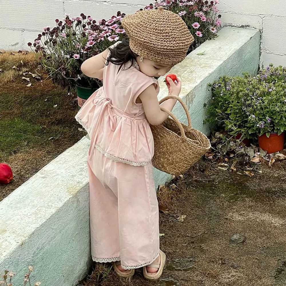 Bear collar 3-7Y summer pink girls casual clothing set sleeveless lace stand up collar top+pants two-piece set childrens clothingT250327
