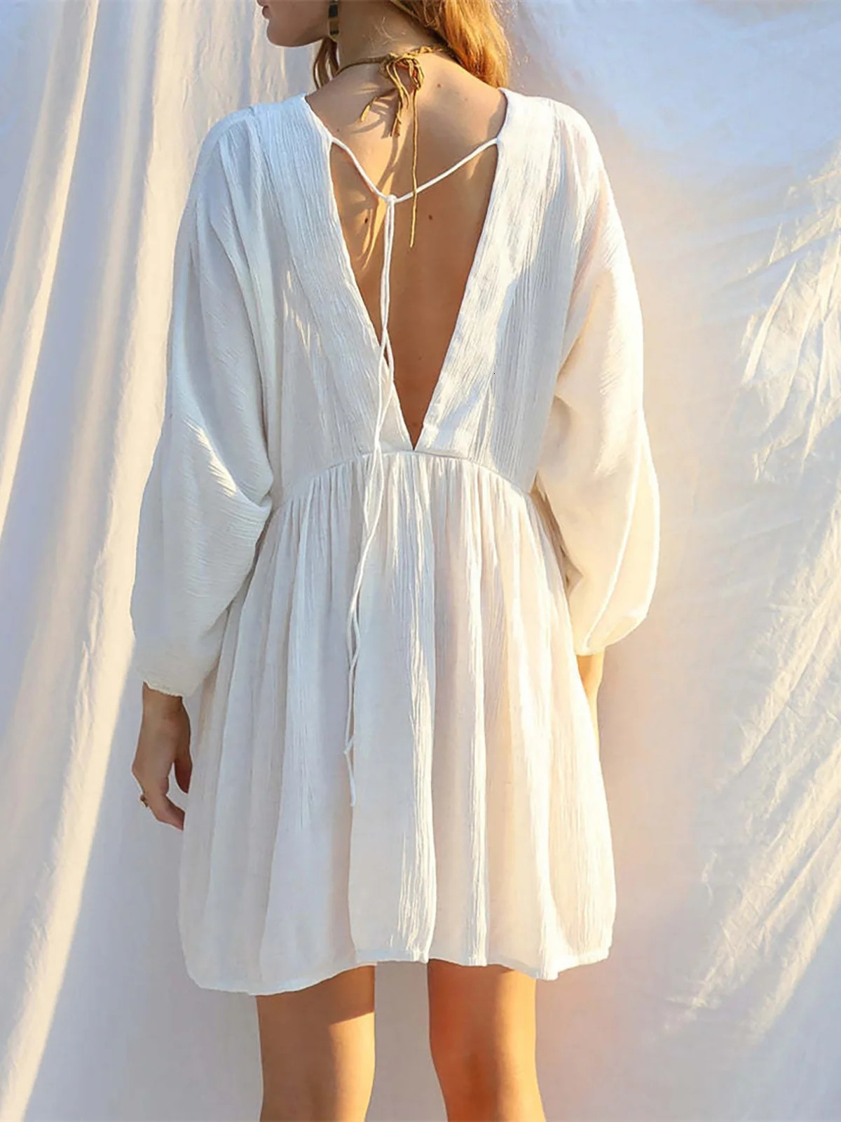 sexy long sleeved Vneck backless cotton tuned beach cover top for womens beach dress K5032 250324