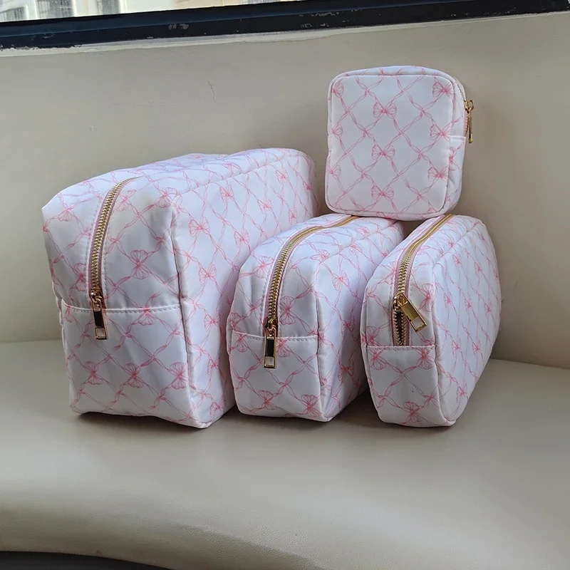Pink and Blue Bow Printed Makeup Bag Toilet Storage Nylon Outdoor Travel Organizer Homecoming Birthday Party Gift 250326