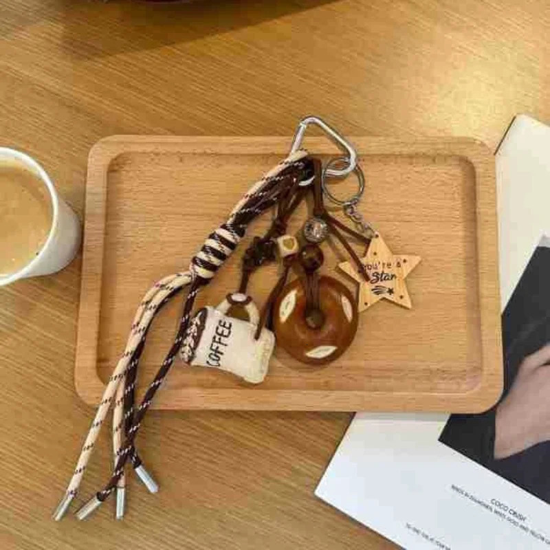 2025 Coffee cup pendant Hand woven rope alkali bread key chain Love backpack decoration 250403bj