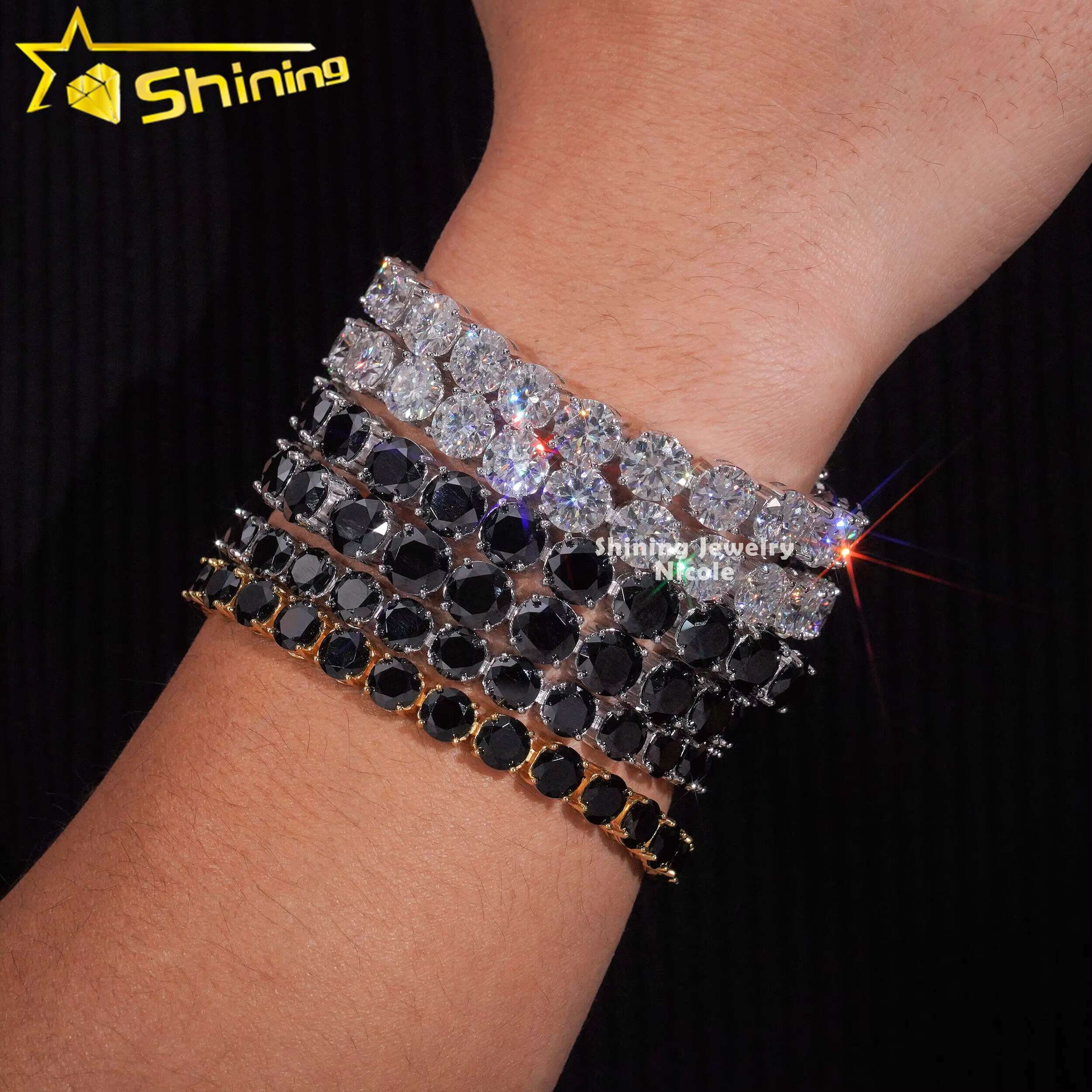 Big Luxury Hot Sale High Quality 6.5mm 8.0mm 925 Sterling Silver Tennis Chain Black Clear Diamond Tennis Bracelet