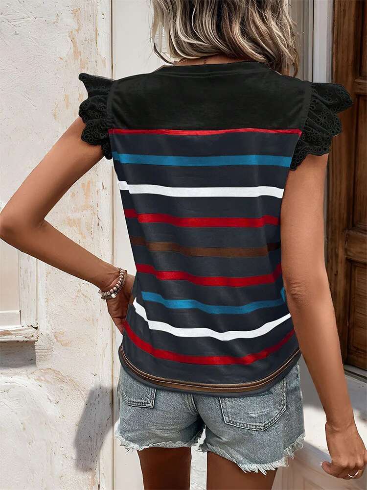 Dongdumaoyi Nieuwe Zomertop Casual Kanten Volantmouwen Gestreept Damesmode T Shirt