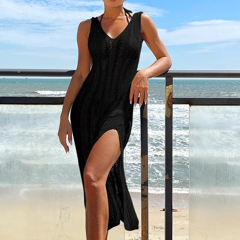 2024 Summer Womens Vacation Hollow Coat Womens Fashion Solid Knitted Maxi Dress Fashion Sleeveless Sexy Beach Covered Dress 250324