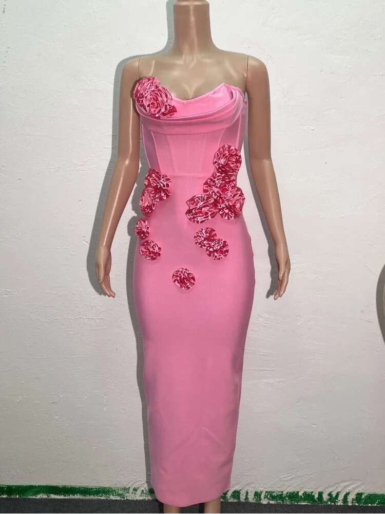 Dongdumaoyi Gebreide Strapless Bandagejurk Met Stoffen Bloemen Elegante Avondjurk Hoogwaardige Mode Damesjurk