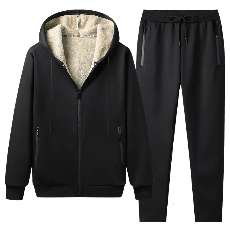 Winter track and field clothing mens wool sports suit running jogging hooded sweatshirt pants thick warm 250326