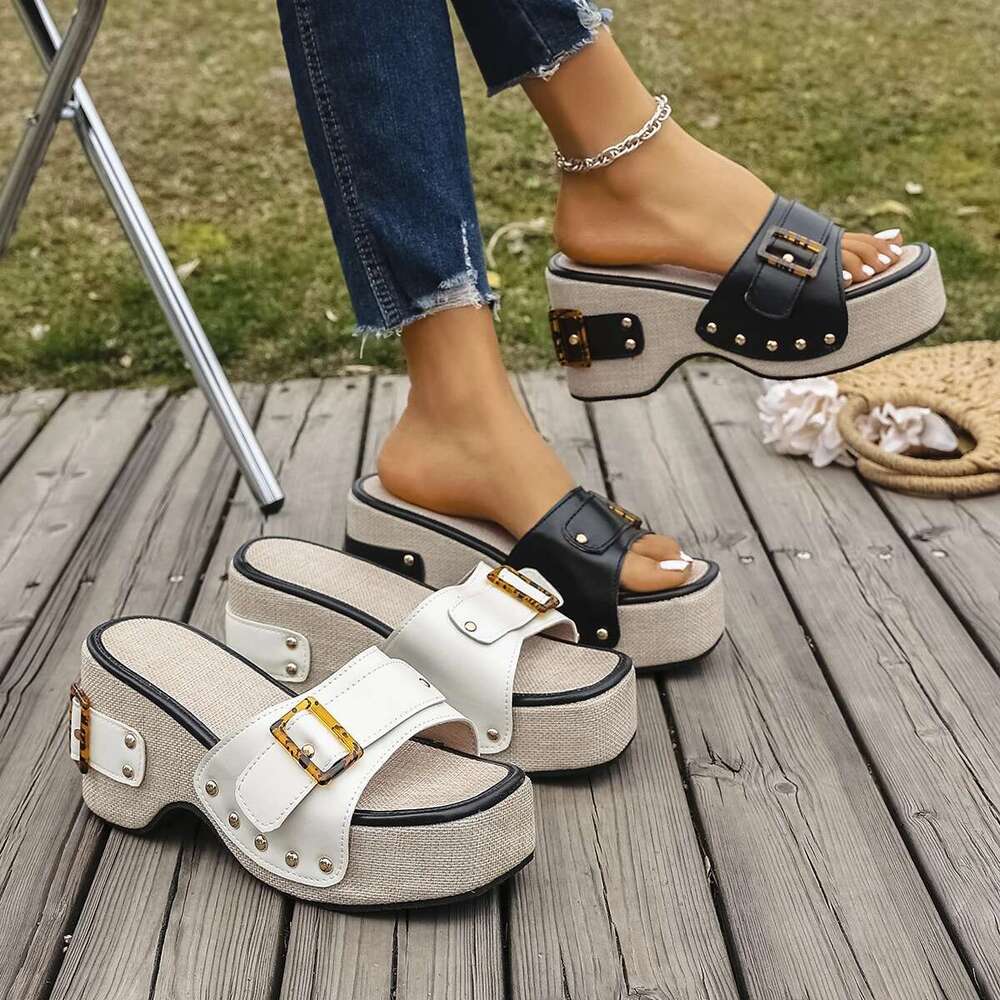 British Style Rome Comfy Soft High Heels Shoes for Women Summer Metal Buckle Casual Wedge Platform Sandals