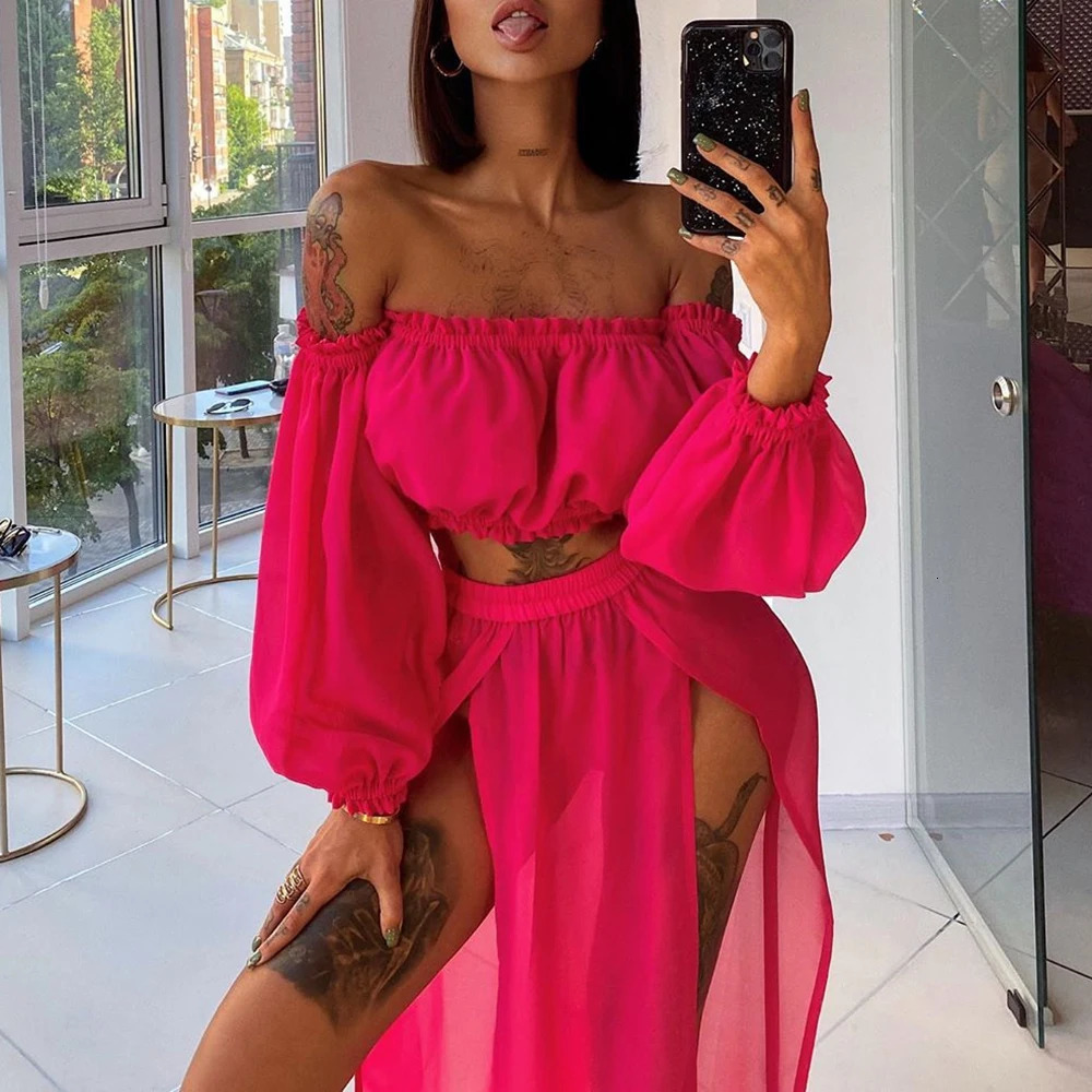 Womens summer puff long sleeved sexy mesh transparent bikini top set twopiece swimsuit beach dress vacation 250326