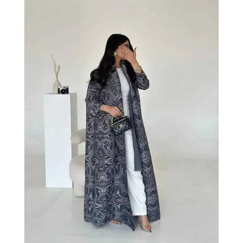 KAF Womens Fashion Abaya Retro Printed Open Knitted Woolen Sweater Design Loose Large Elegant Womens Luxury Robe Spring and Autumn Pattern X250327
