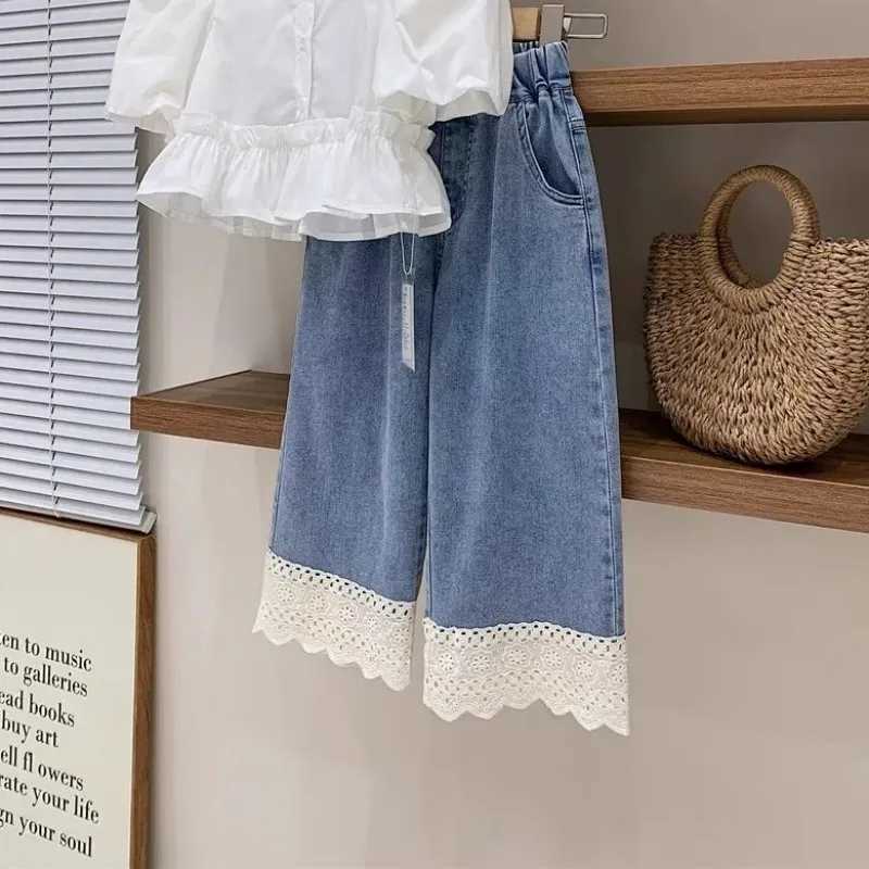 Girls clothing set summer childrens square neckline bubble sleeve shirt lace thin soft jeans two-piece setT250327