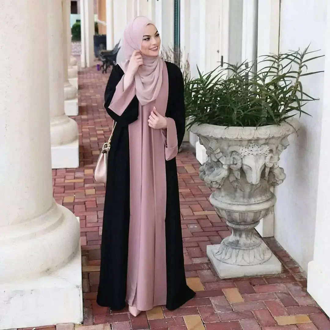 Fashionable Muslim Abaya cardigan splicing twopiece suit dress long Kaftan womens fashion origin in Chinese Mainland 250326