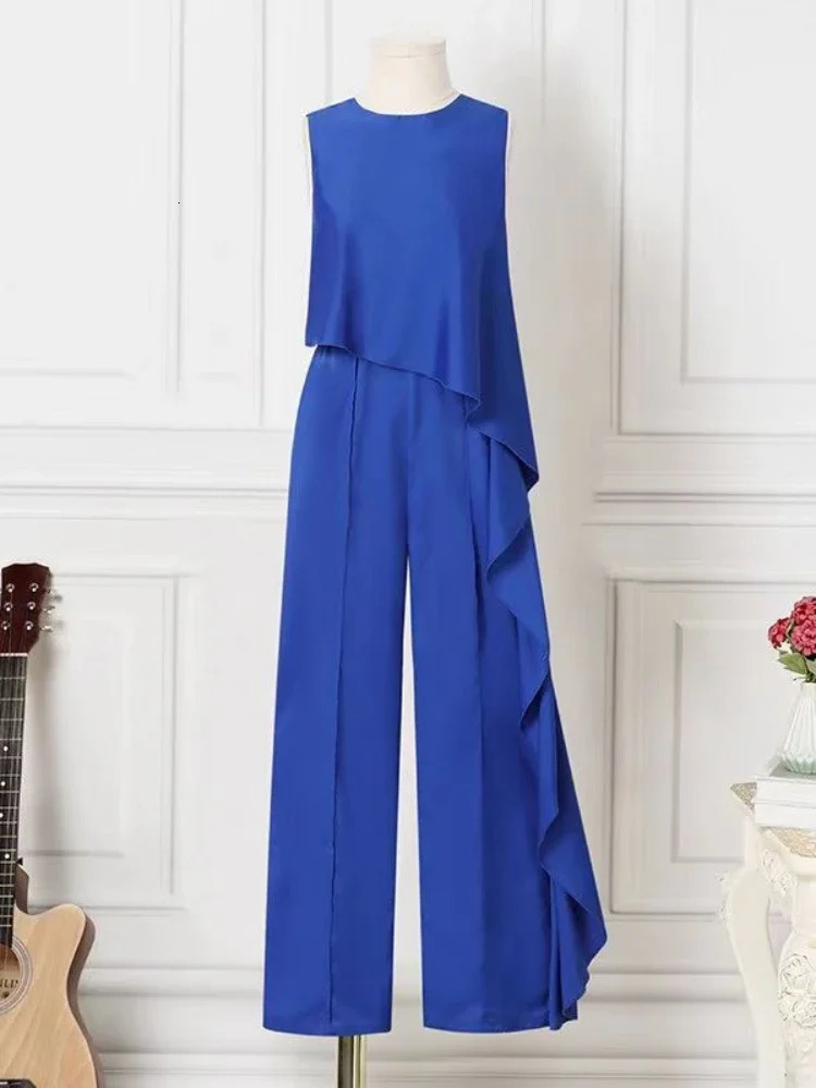 Spring Womens Plain Elegant Office Solid Color Loose Ruffle Single Shoulder Split Bottom Wide Leg jumpsuit 250326