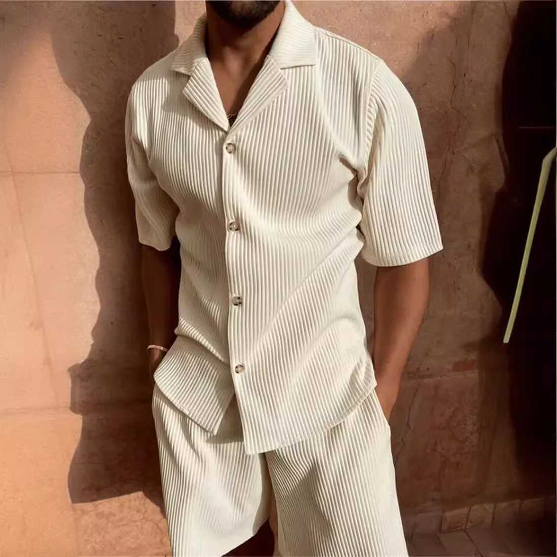 New mens Corduroy casual short sleeved shirt shorts beach casual style lapel running training setXJ250326