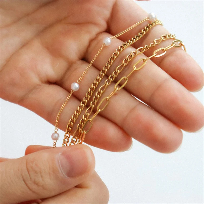 14K Gold Filled Figaro Chain Bracelet Handmade Pearl Jewelry Boho Charms Bracelets Bridesmaid Gift Vintage Anklets for Women 250318