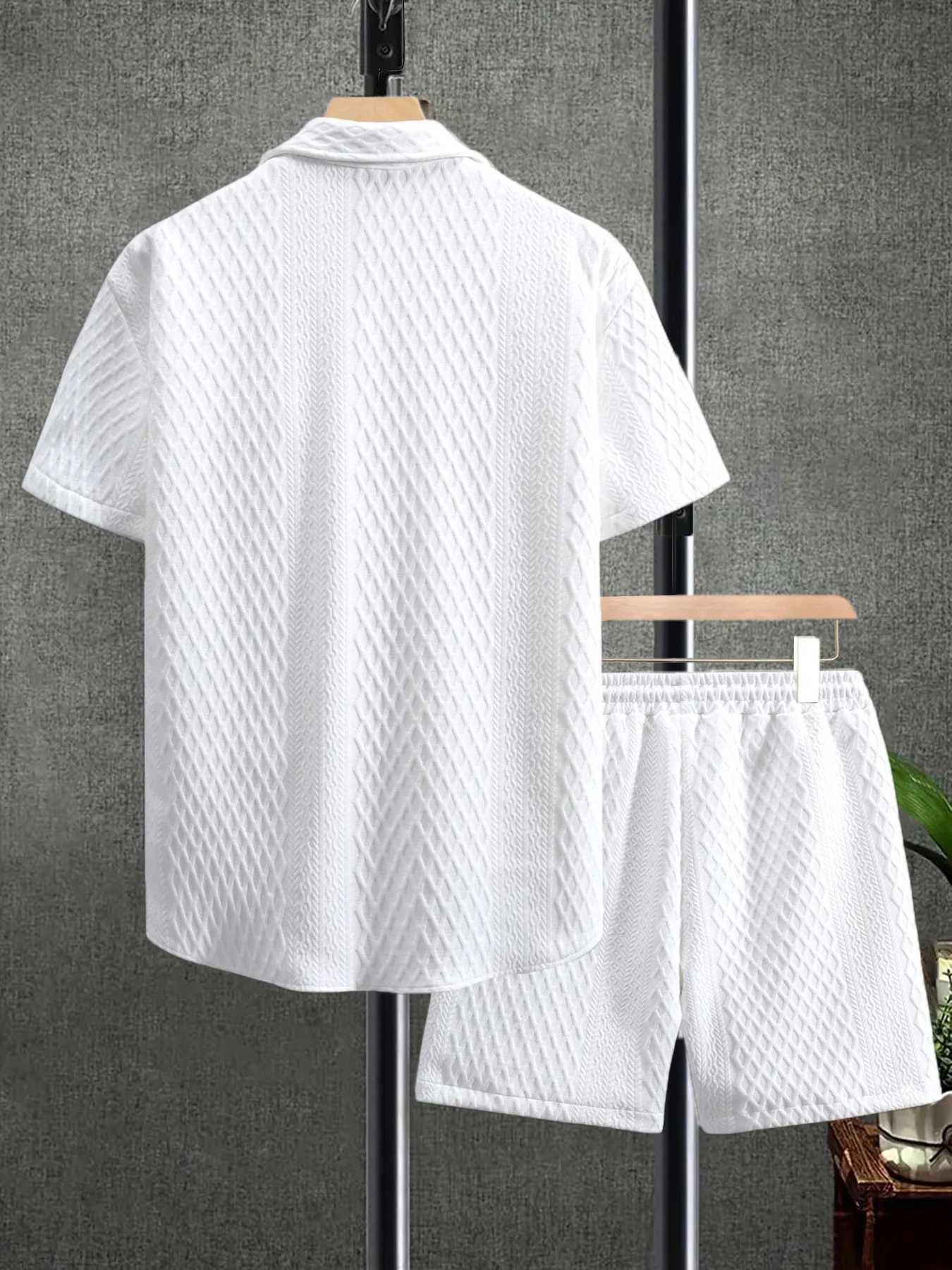 Mens 2-piece heavy-duty casual wear knitted textured short sleeved lapel shirt and drawstring shortsXJ250326