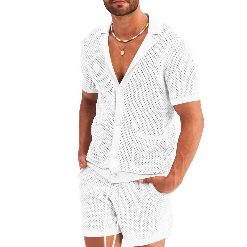 Mens Fashion Set Summer Small Hole Fabric Collar Casual Solid Color Mens High Quality Two Piece Set US SizeXJ250326