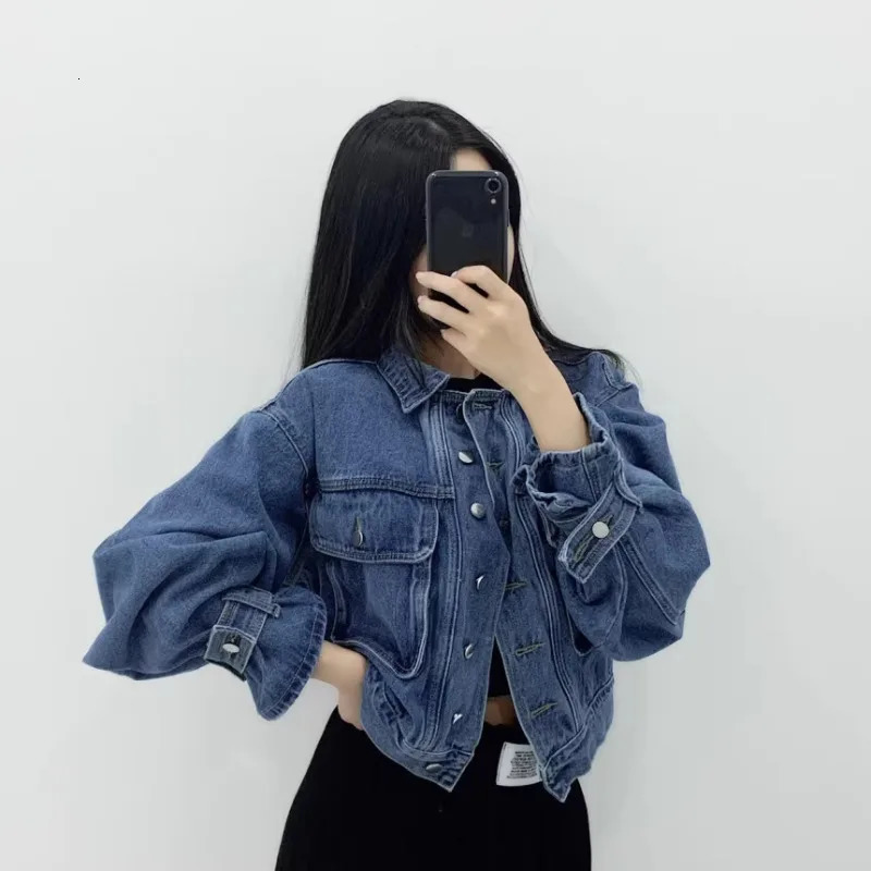 Neploe Retro Collar Single Chest Denim Coat Spring Autumn Laundry Blue Jacket Womens Y2k Long Sleeve Loose Top Unprinted Good Product 250326