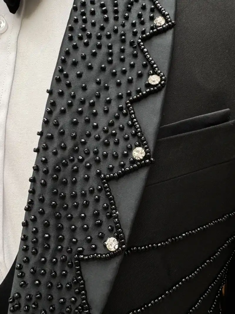 Black Spring Men Suits Set 2 Pieces Blazer+Pant Trousers With Crystals Beaded Customized Groom High Quality Wedding Tuxedo Formal Office Prom Jacket(C