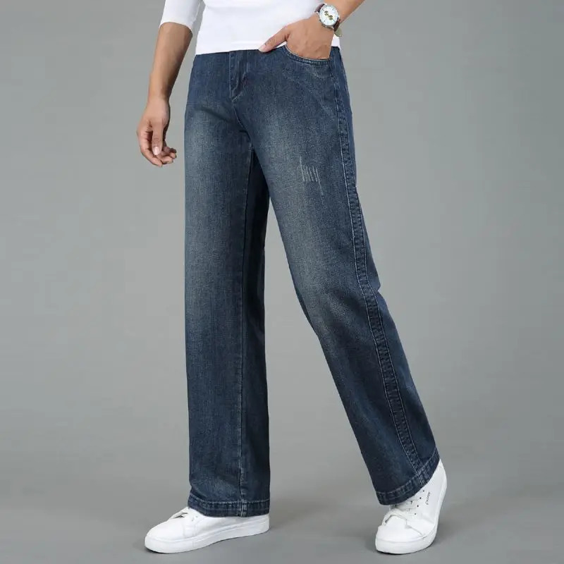 Autumn Vintage Casual Straight Jeans Mens Solid Button Zipper Pockets Patchwork Loose Korean Fashion Trend Wide Leg Pants 250317